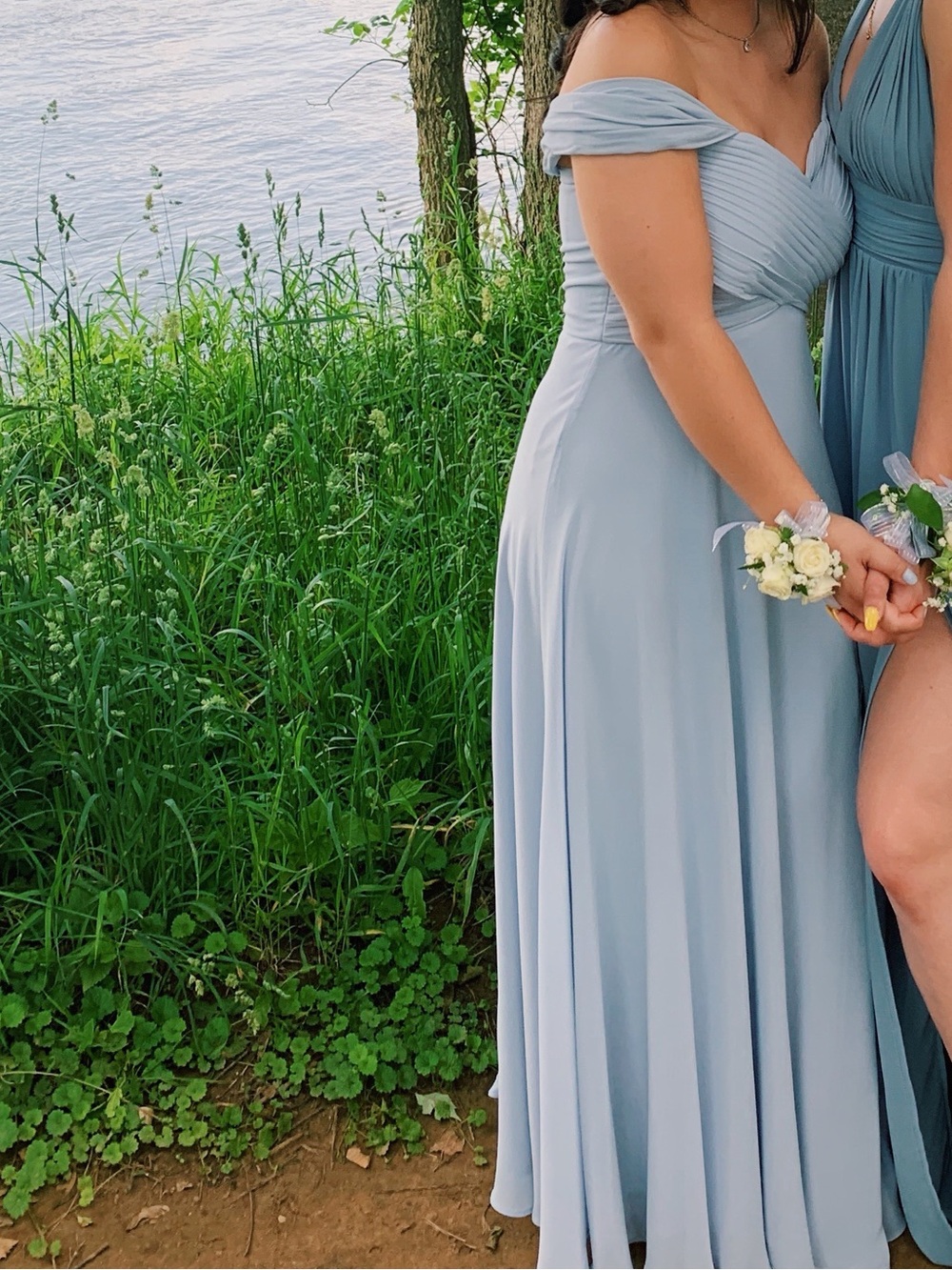Off the Shoulder Blue Pastel Chiffon Maxi Dress